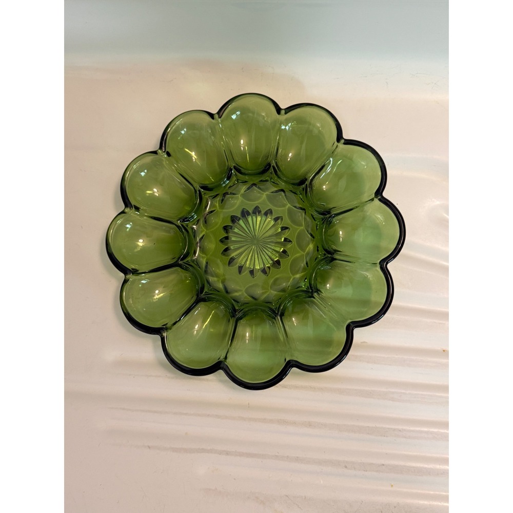 Vintage Green Glass Deviled Egg Plate 12 Slot Scalloped Edge Serving Platter